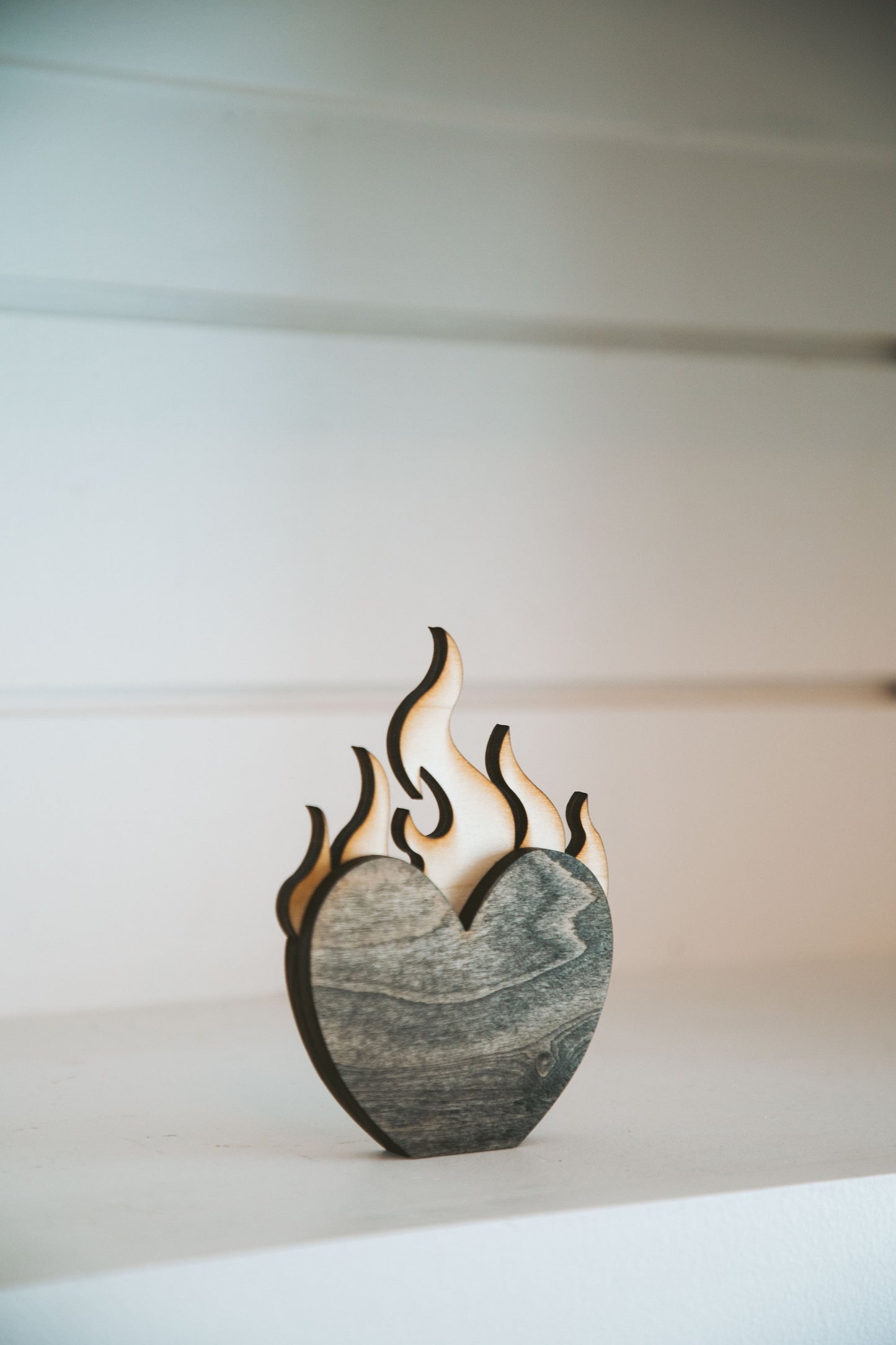 Bookshelf Decor Wood Fire Heart