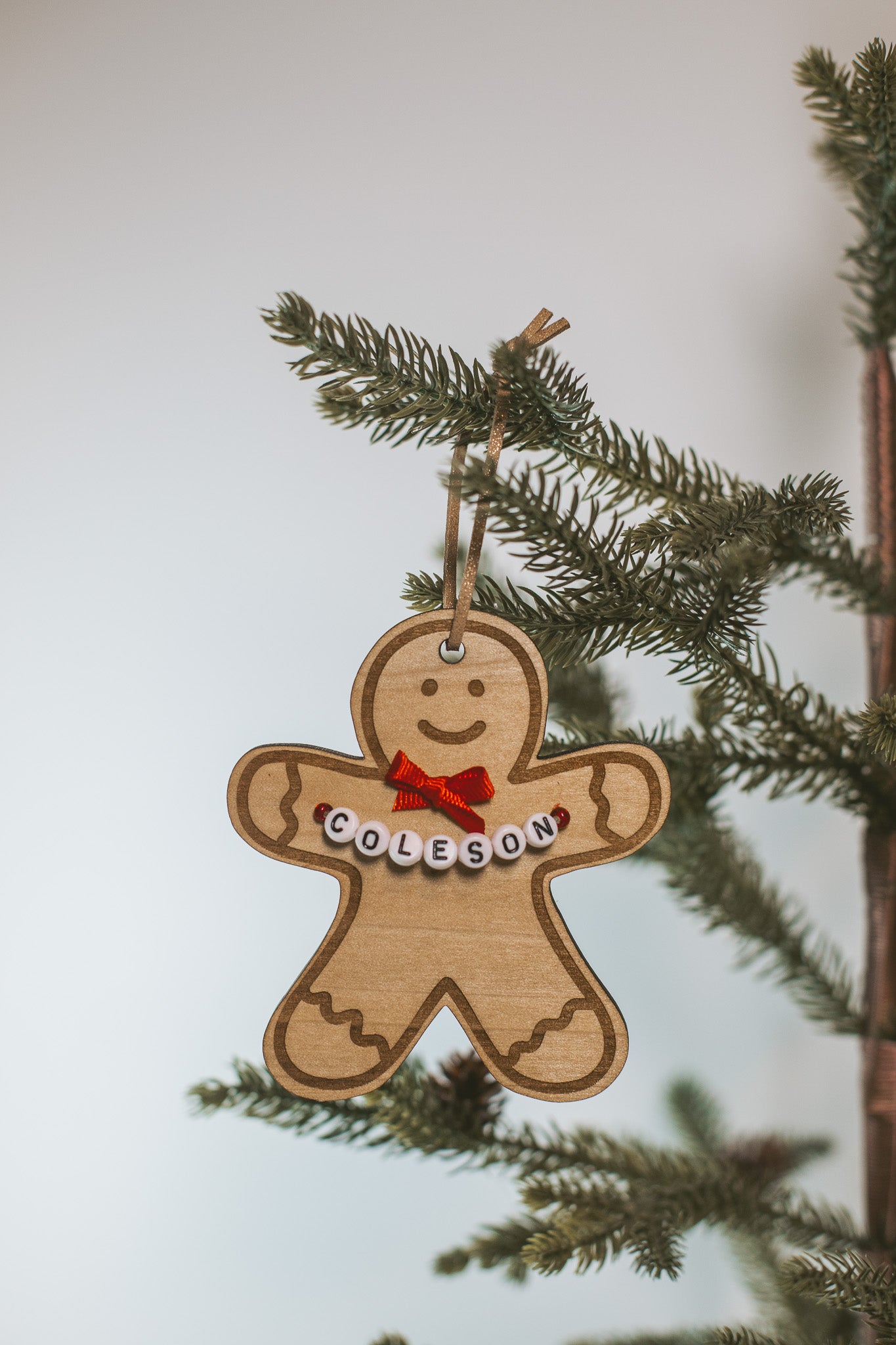 Custom Gingerbread Wooden Holiday Ornament with Personalized Name Beads