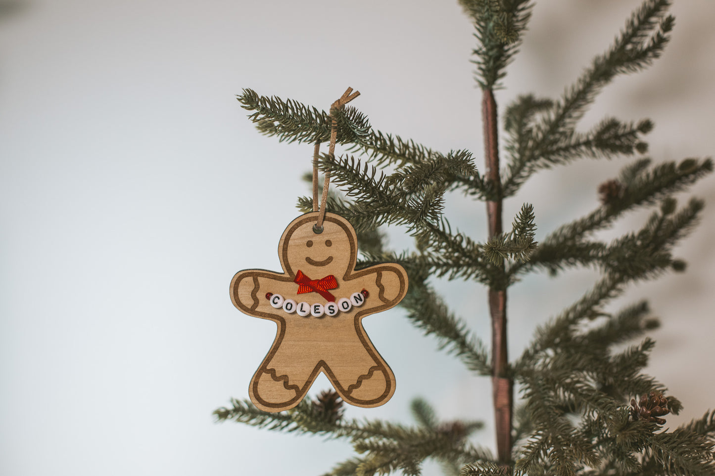 Custom Gingerbread Wooden Holiday Ornament with Personalized Name Beads