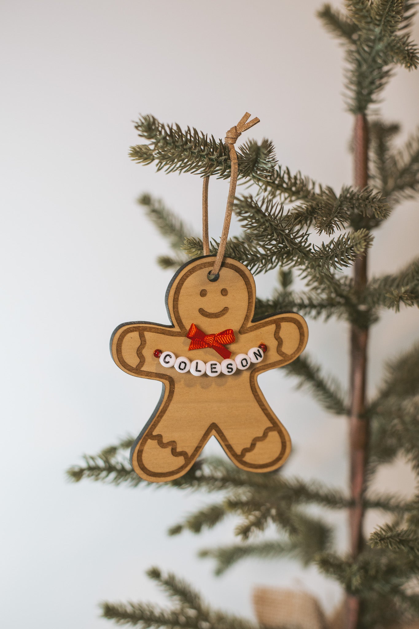 Custom Gingerbread Wooden Holiday Ornament with Personalized Name Beads