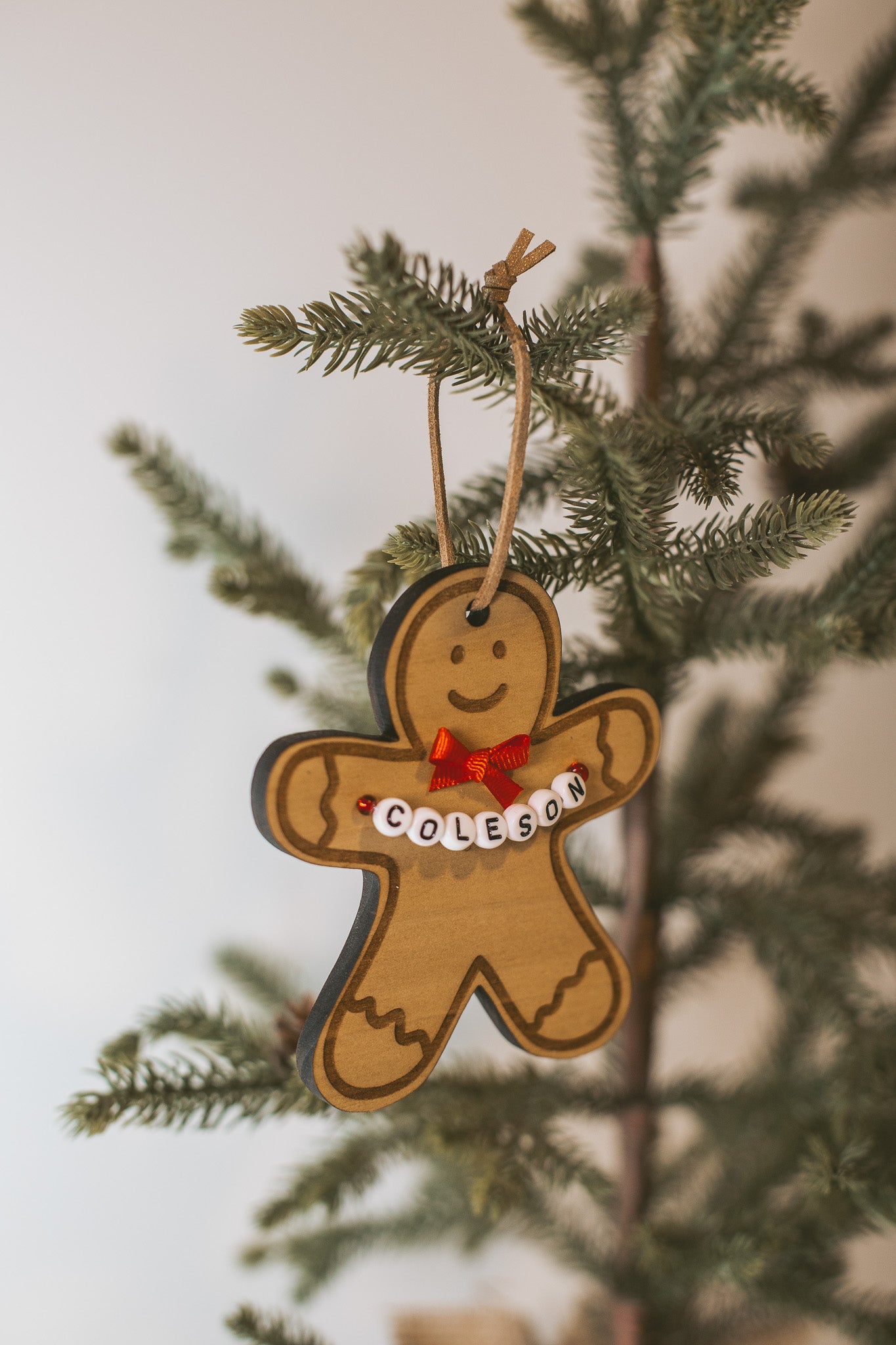 Custom Gingerbread Wooden Holiday Ornament with Personalized Name Beads