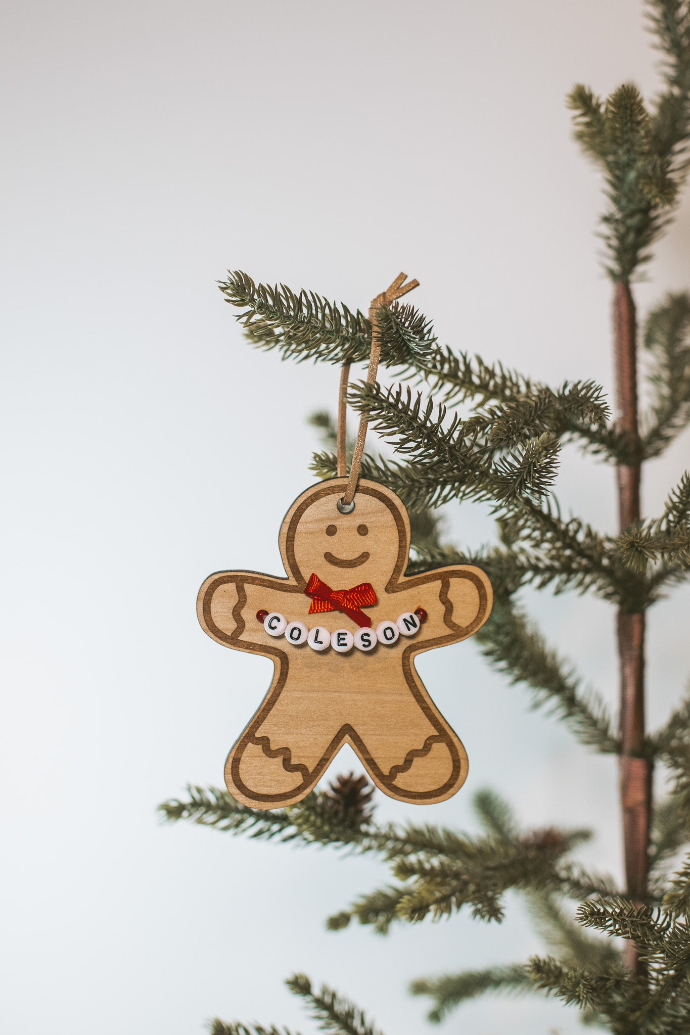 Custom Gingerbread Wooden Holiday Ornament with Personalized Name Beads