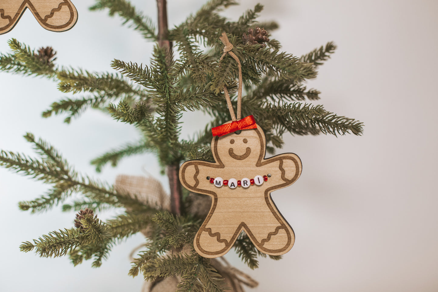 Custom Gingerbread Wooden Holiday Ornament with Personalized Name Beads