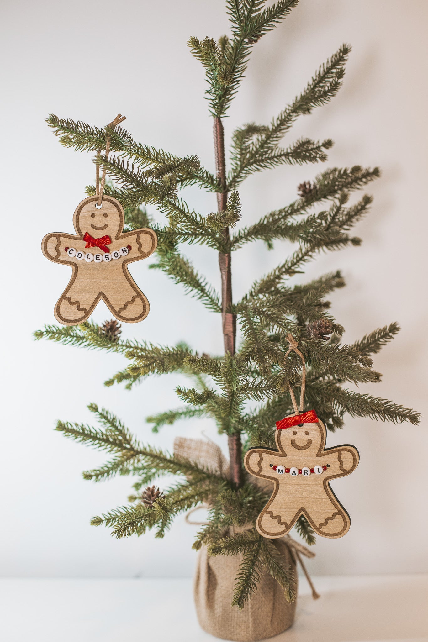 Custom Gingerbread Wooden Holiday Ornament with Personalized Name Beads