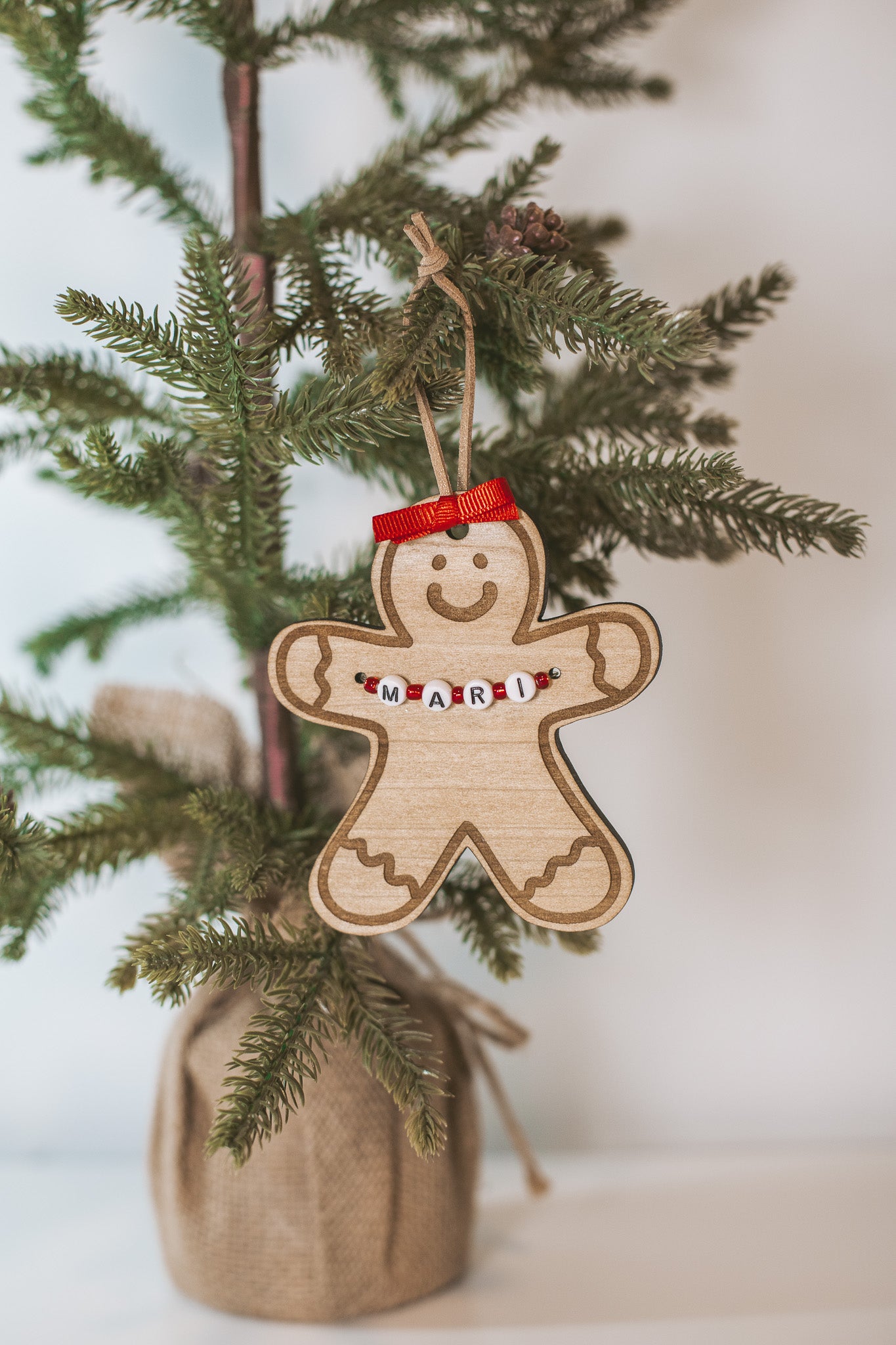 Custom Gingerbread Wooden Holiday Ornament with Personalized Name Beads