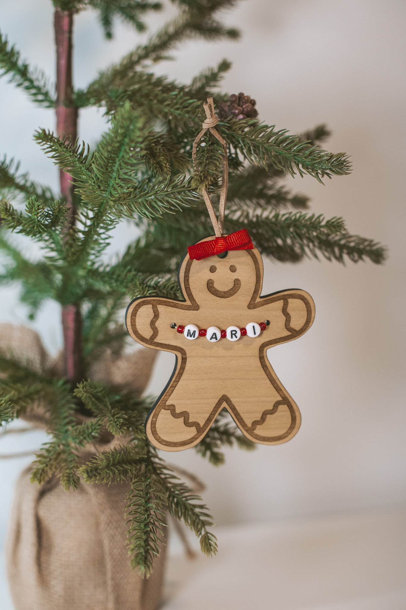 Custom Gingerbread Wooden Holiday Ornament with Personalized Name Beads