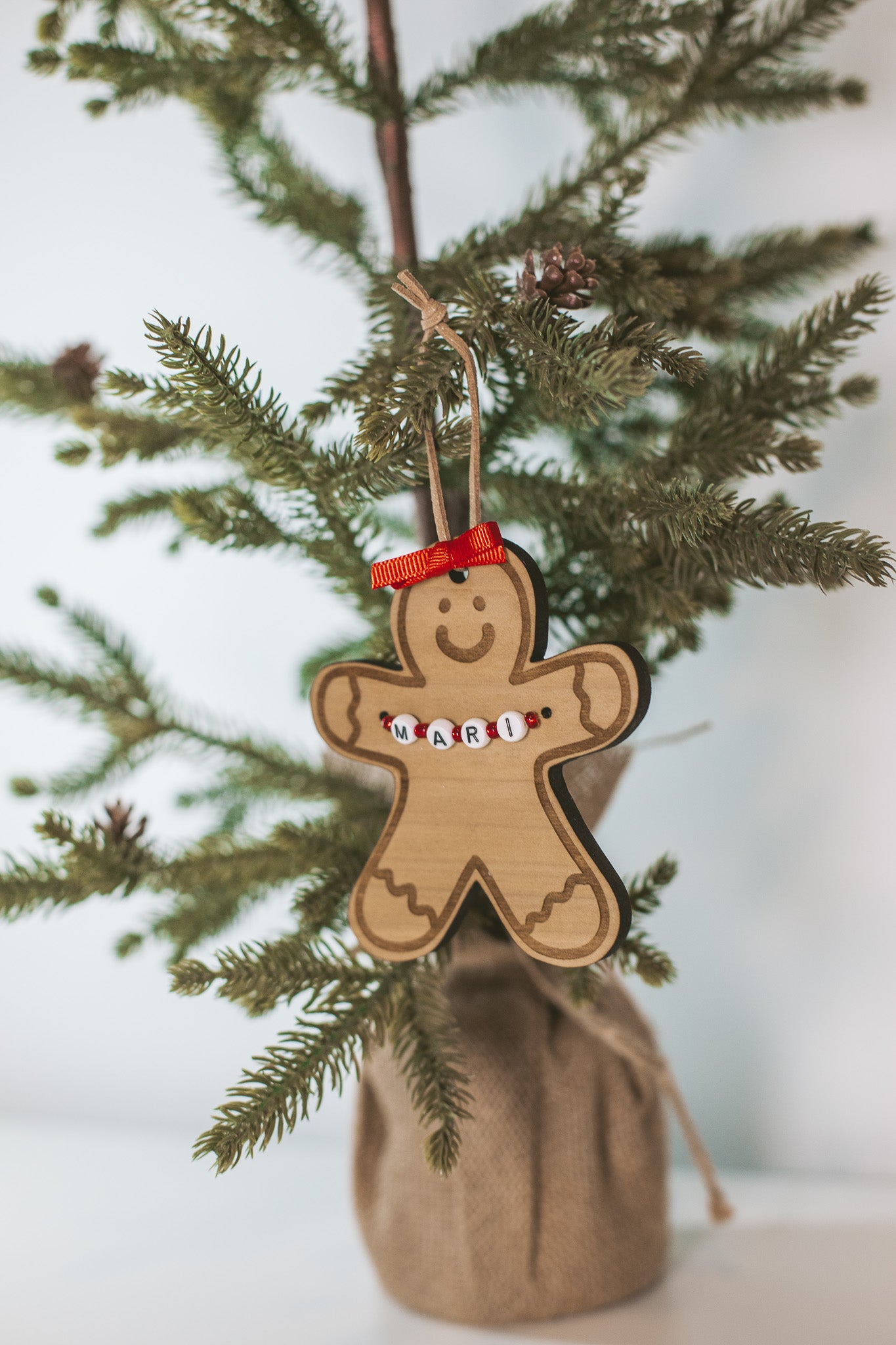 Custom Gingerbread Wooden Holiday Ornament with Personalized Name Beads